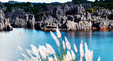 航拍雲南石林仙女湖！碧水映奇峰如湖中石森林